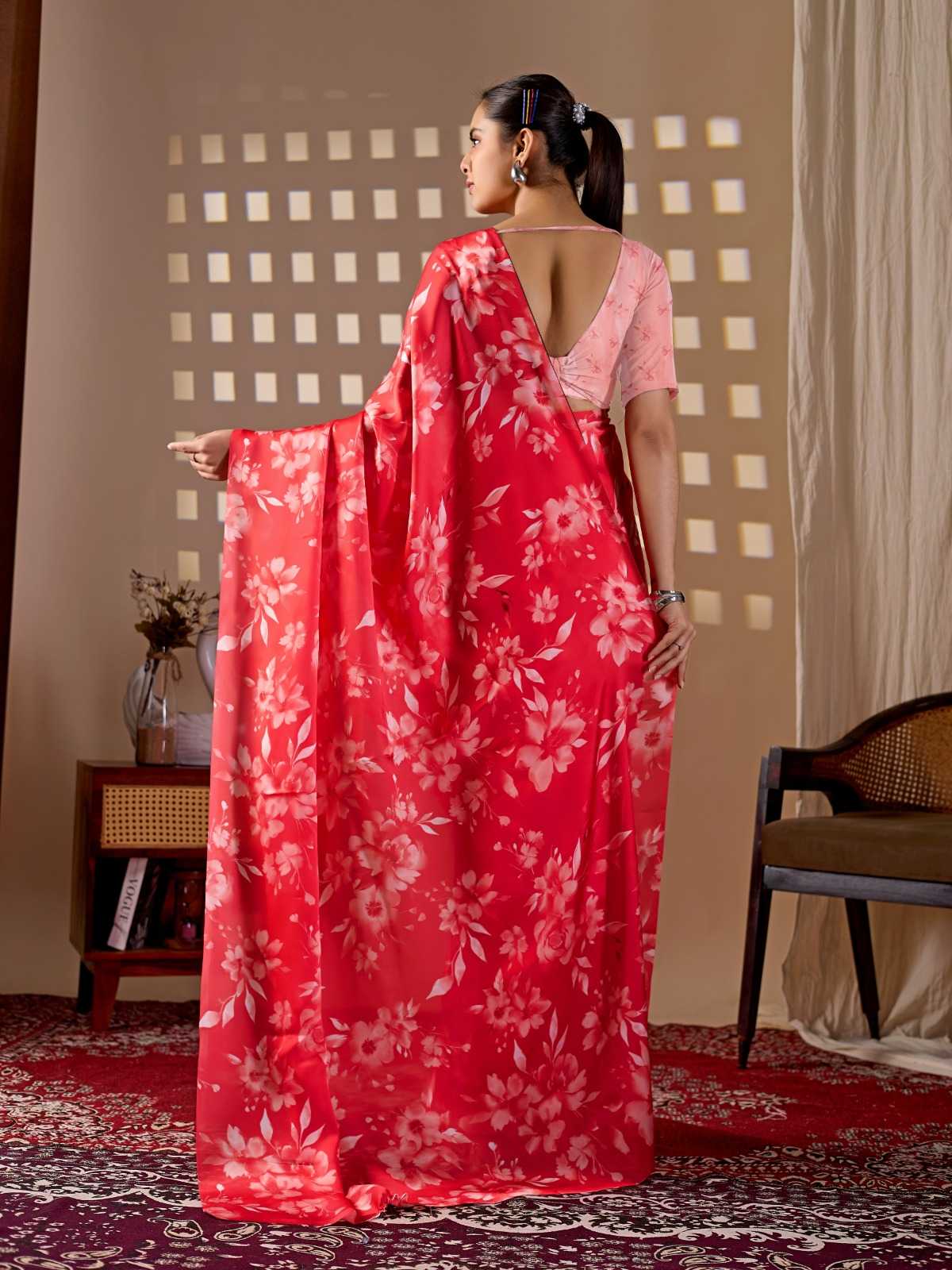 Elegant soft satin georgette printed saree with unstitched blouse(red)
