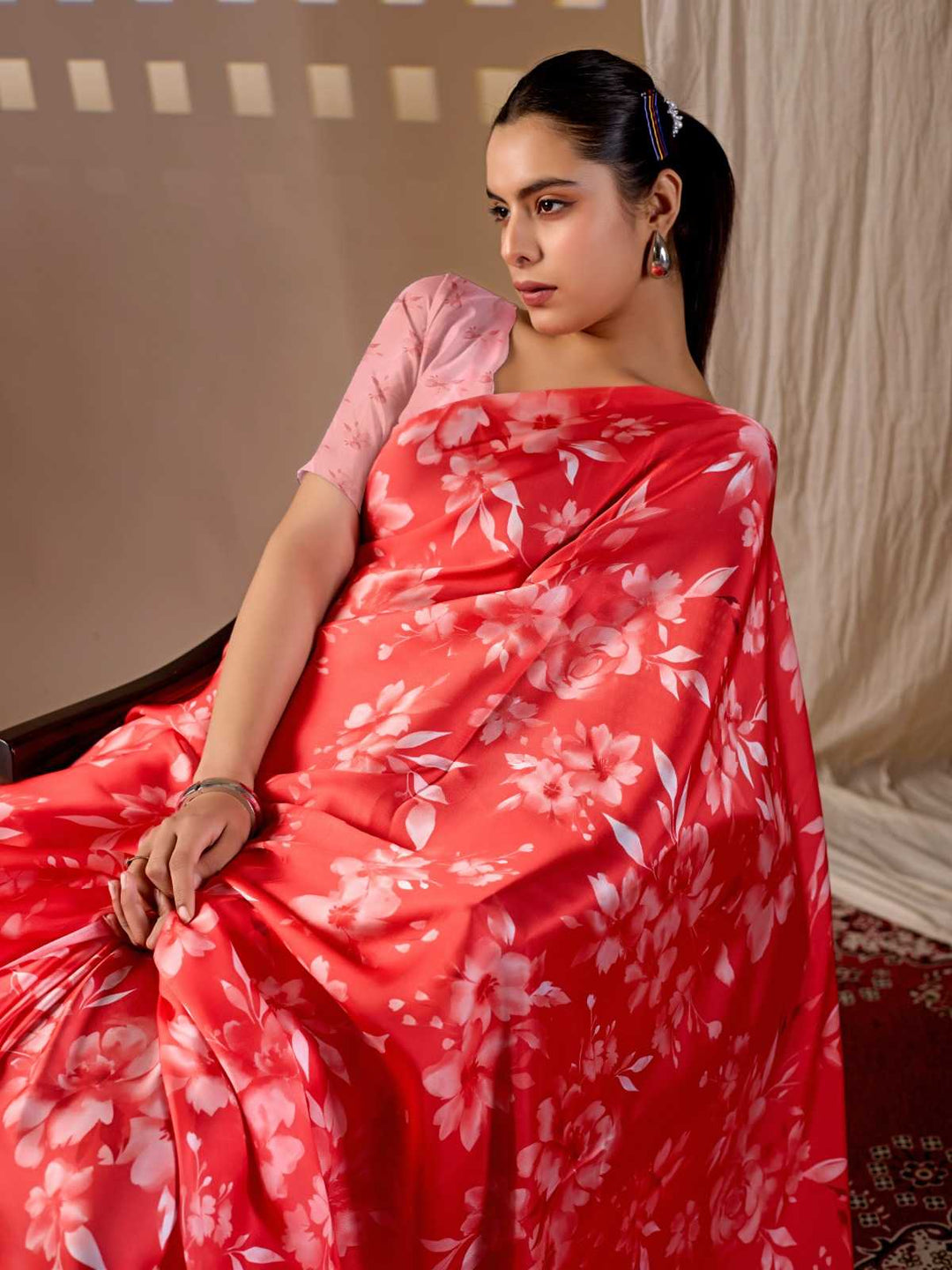 Elegant Soft Satin Georgette Printed Saree With Unstitched Blouse(Red)