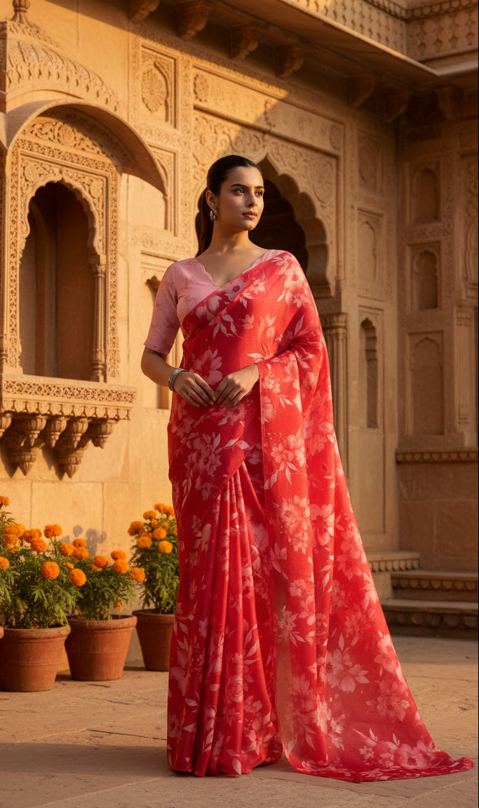 Elegant Soft Satin Georgette Printed Saree With Unstitched Blouse(Red)