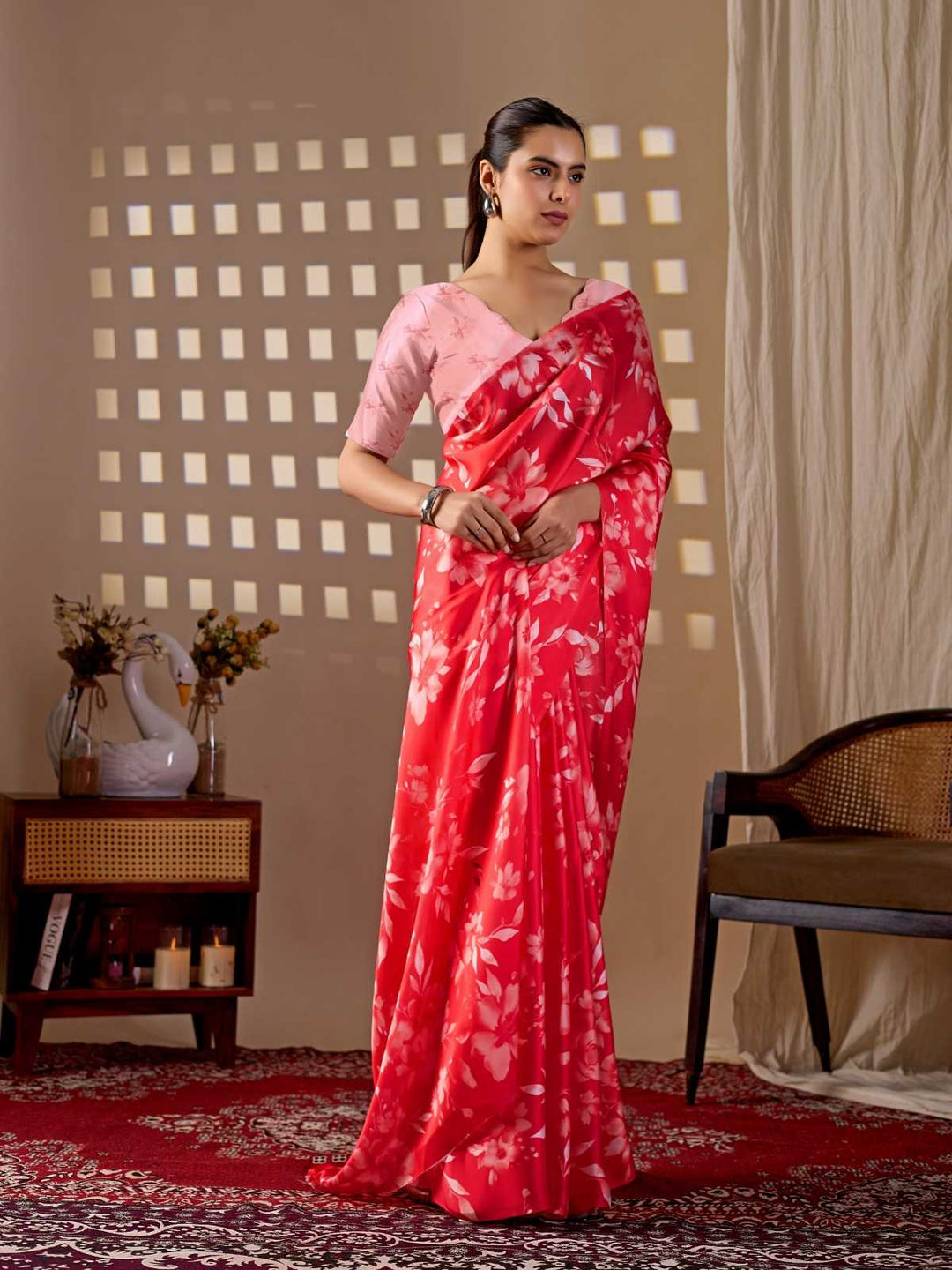 Elegant Soft Satin Georgette Printed Saree With Unstitched Blouse(Red)