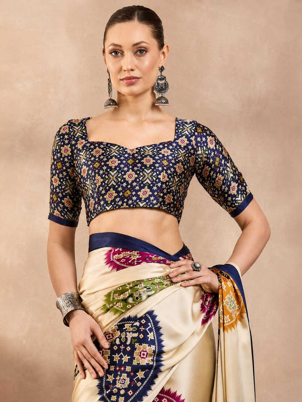Satin Silk Ajrakh Print saree With Unstitched Blouse(Cream)