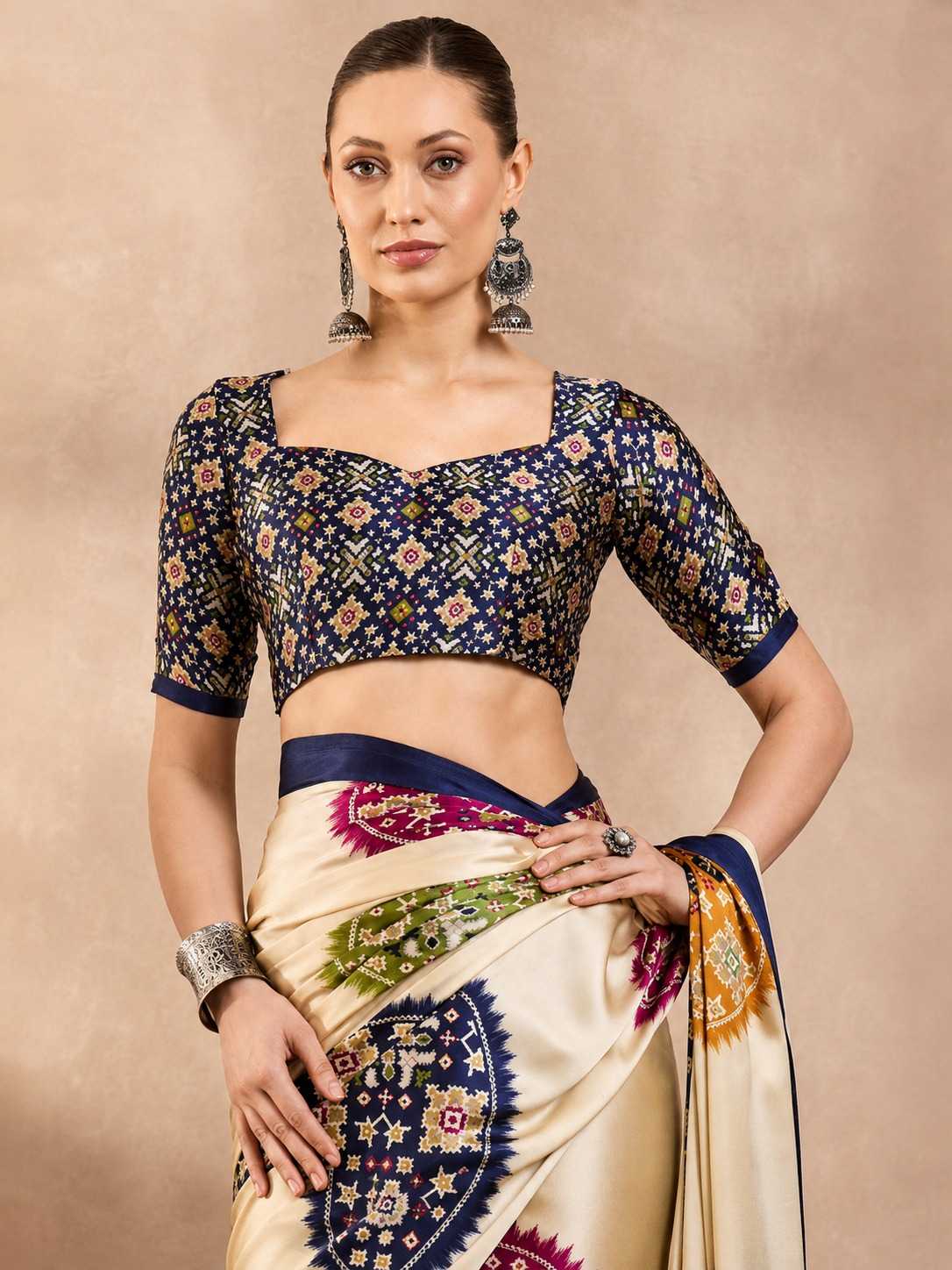 Satin Silk Ajrakh Print saree With Unstitched Blouse(Cream)