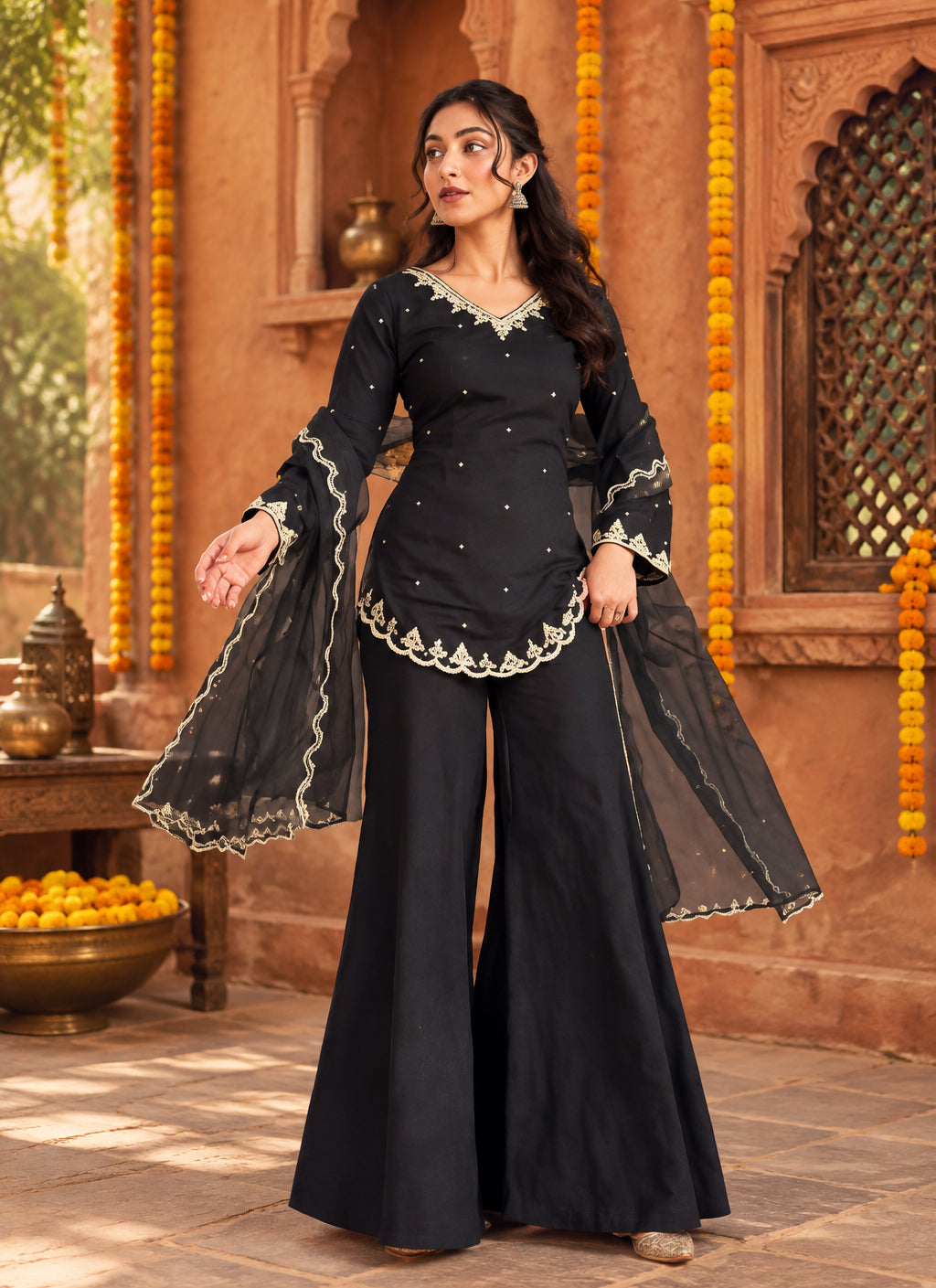 Crepe Silk Party Wear Kurti Bottom Set With Dupatta(Black)