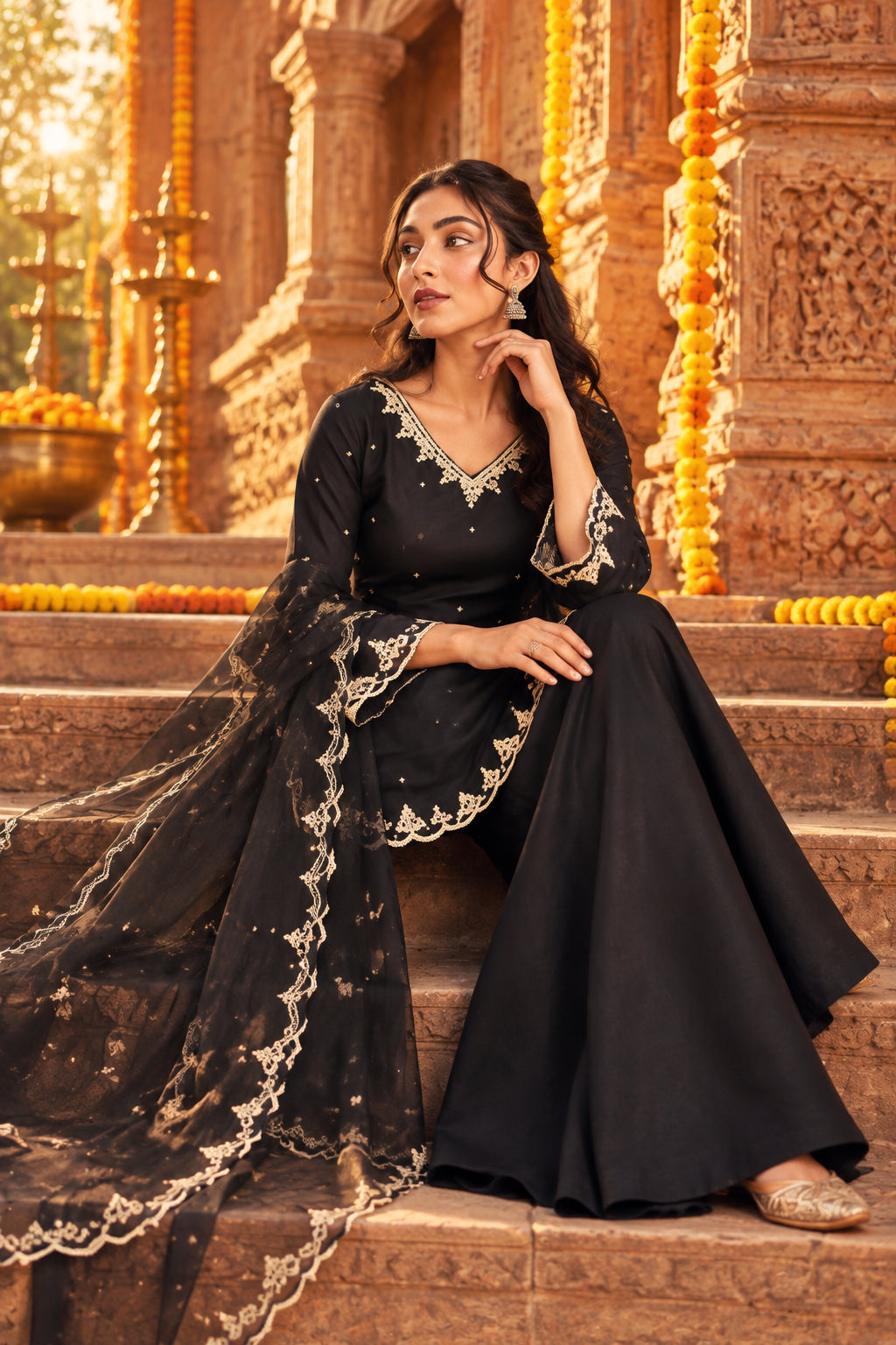 Crepe Silk Party Wear Kurti Bottom Set With Dupatta(Black)