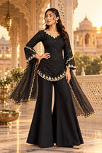 Crepe Silk Party Wear Kurti Bottom Set With Dupatta(Black)