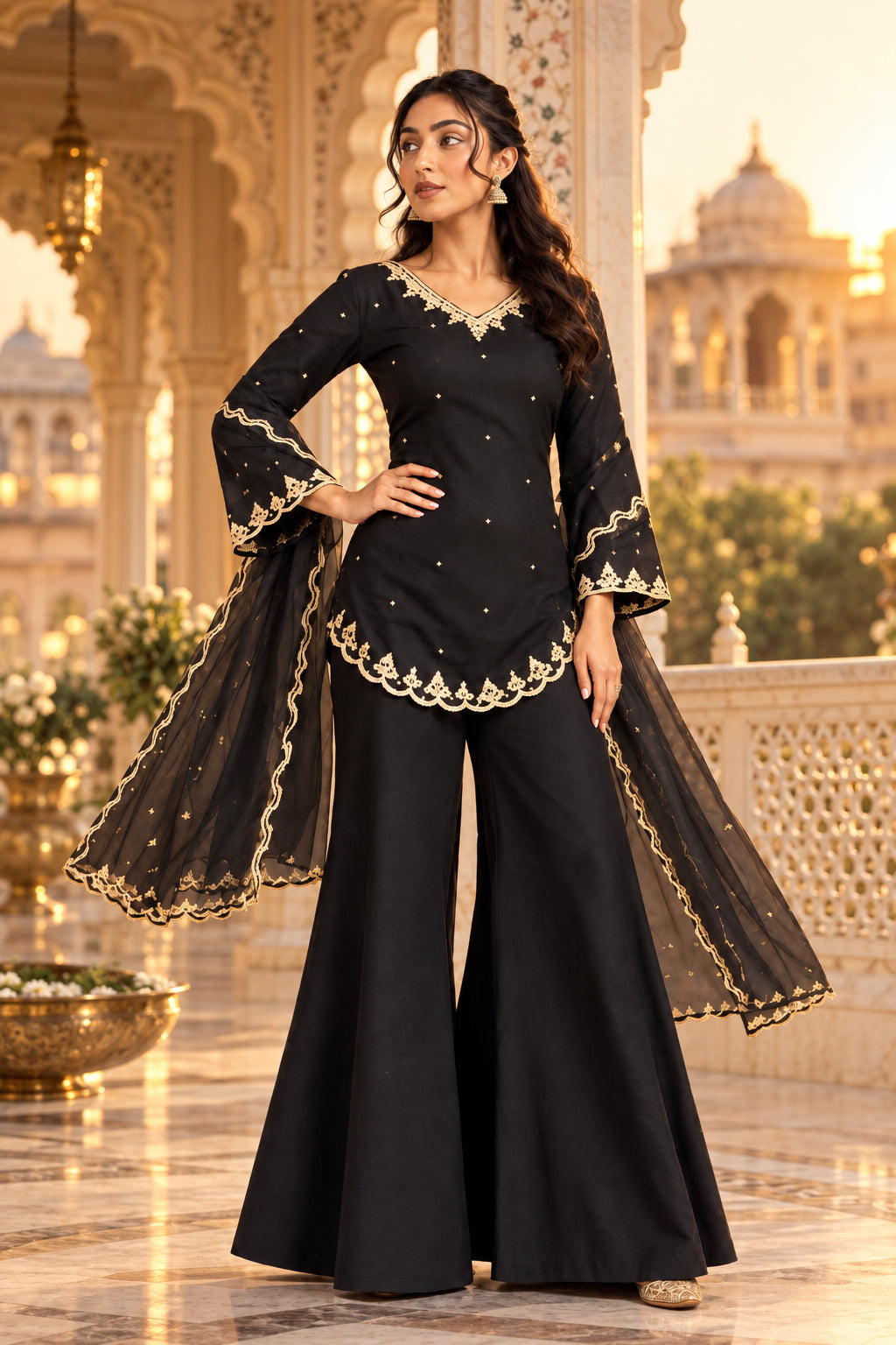 Crepe Silk Party Wear Kurti Bottom Set With Dupatta(Black)
