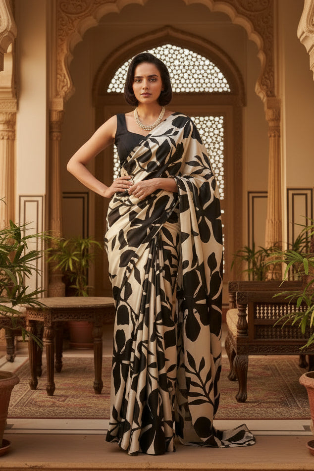 Satin Silk Printed Saree With Unstitched Blouse(Black)