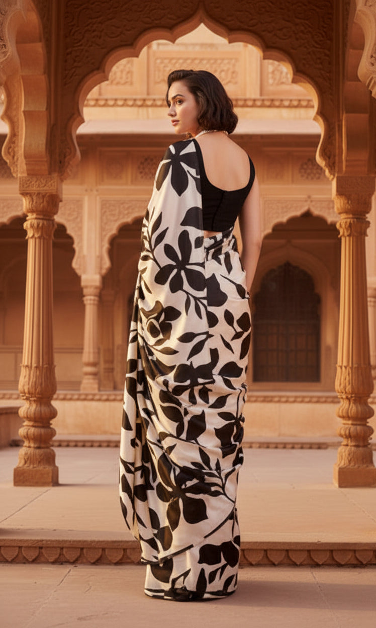 Satin silk printed saree with unstitched blouse(black)