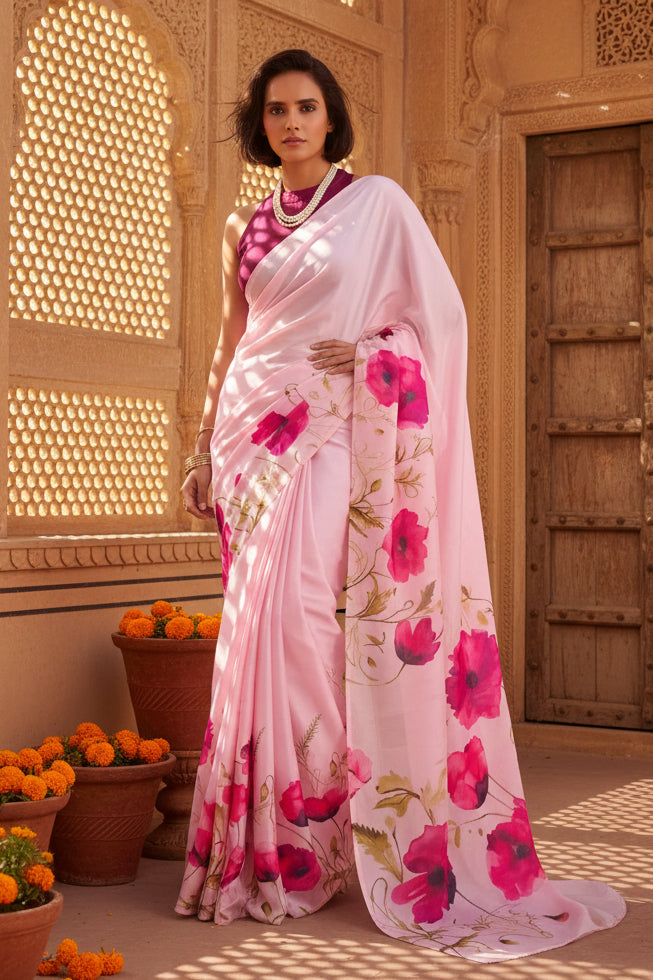 Satin Silk Printed Saree With Unstitched Blouse(Pink)