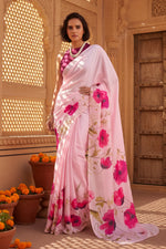 Load image into Gallery viewer, Satin Silk Printed Saree With Unstitched Blouse(Pink)
