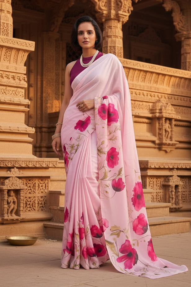 Satin Silk Printed Saree With Unstitched Blouse(Pink)