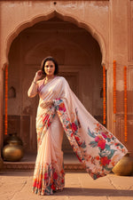 Load image into Gallery viewer, Satin Silk Printed Saree with Unstitched Blouse(Cream)
