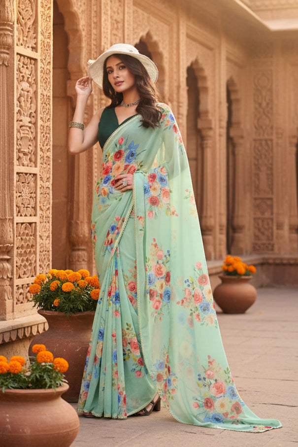 Georgette Printed saree With Unstitched Blouse(Pista)