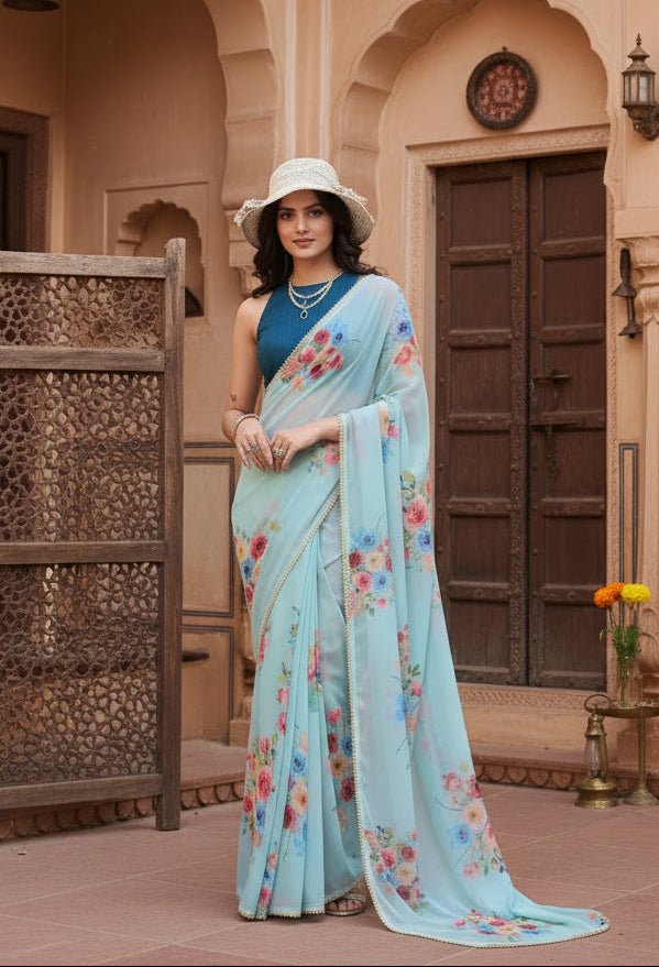 Georgette Printed saree With Unstitched Blouse(Blue)