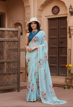 Load image into Gallery viewer, Georgette Printed saree With Unstitched Blouse(Blue)
