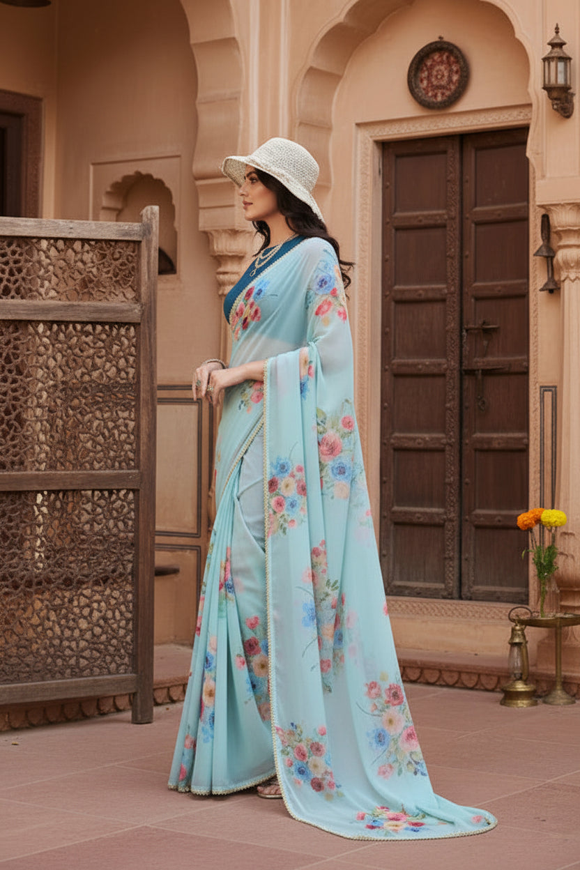 Georgette Printed saree With Unstitched Blouse(Blue)