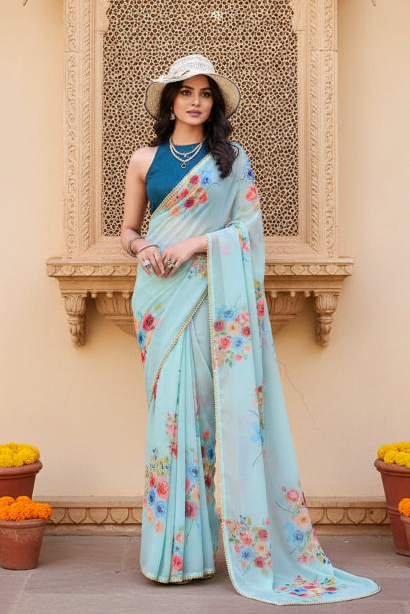Georgette Printed saree With Unstitched Blouse(Blue)