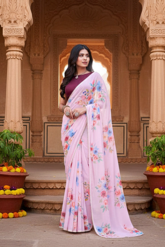 Georgette Printed saree With Unstitched Blouse(Baby Pink)