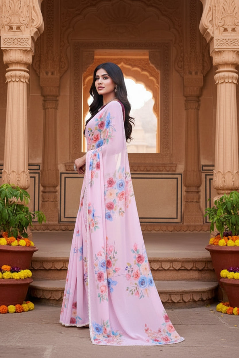 Georgette Printed saree With Unstitched Blouse(Baby Pink)