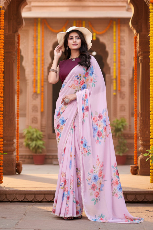 Georgette printed saree with unstitched blouse(baby pink)