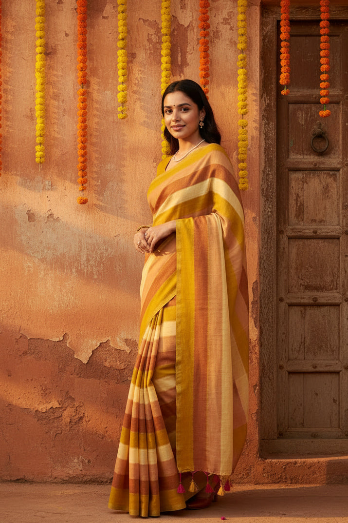 Cotton Khadi Saree With Unstitched Blouse(Mustard)