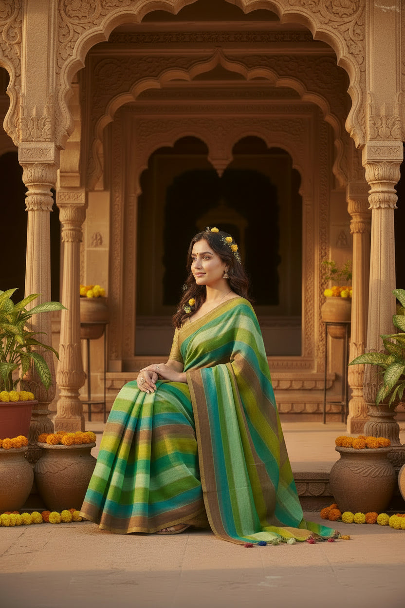 Cotton khadi saree with unstitched blouse(green)