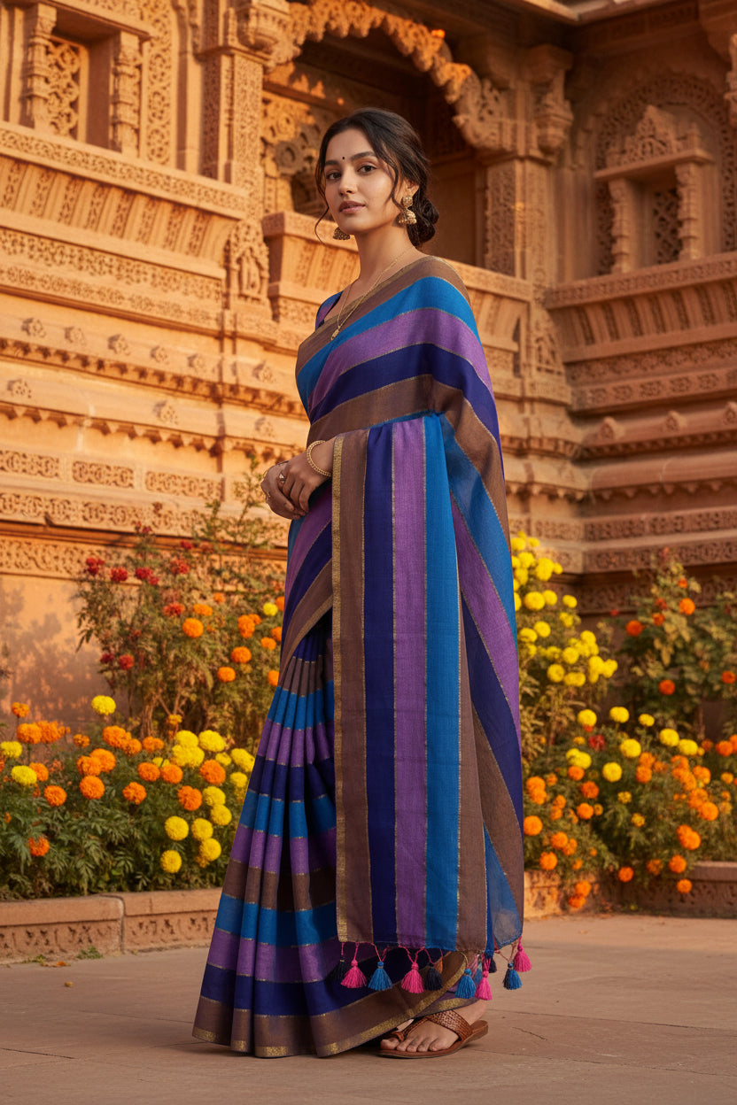 Cotton Khadi Saree With Unstitched Blouse(Blue)