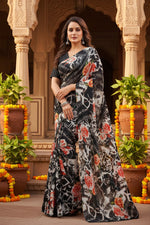 Load image into Gallery viewer, Crepe Silk Digital Print Saree With Unstitched Blouse(Black)
