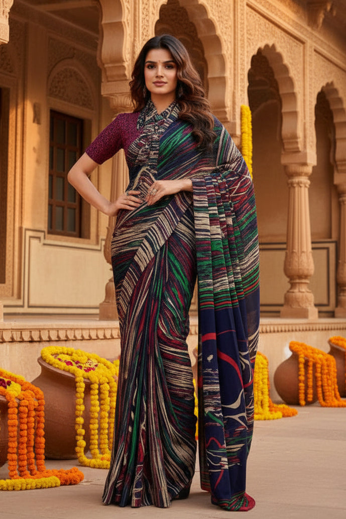 Crepe Silk Party Wear Saree With Unstitched Blouse(Black)