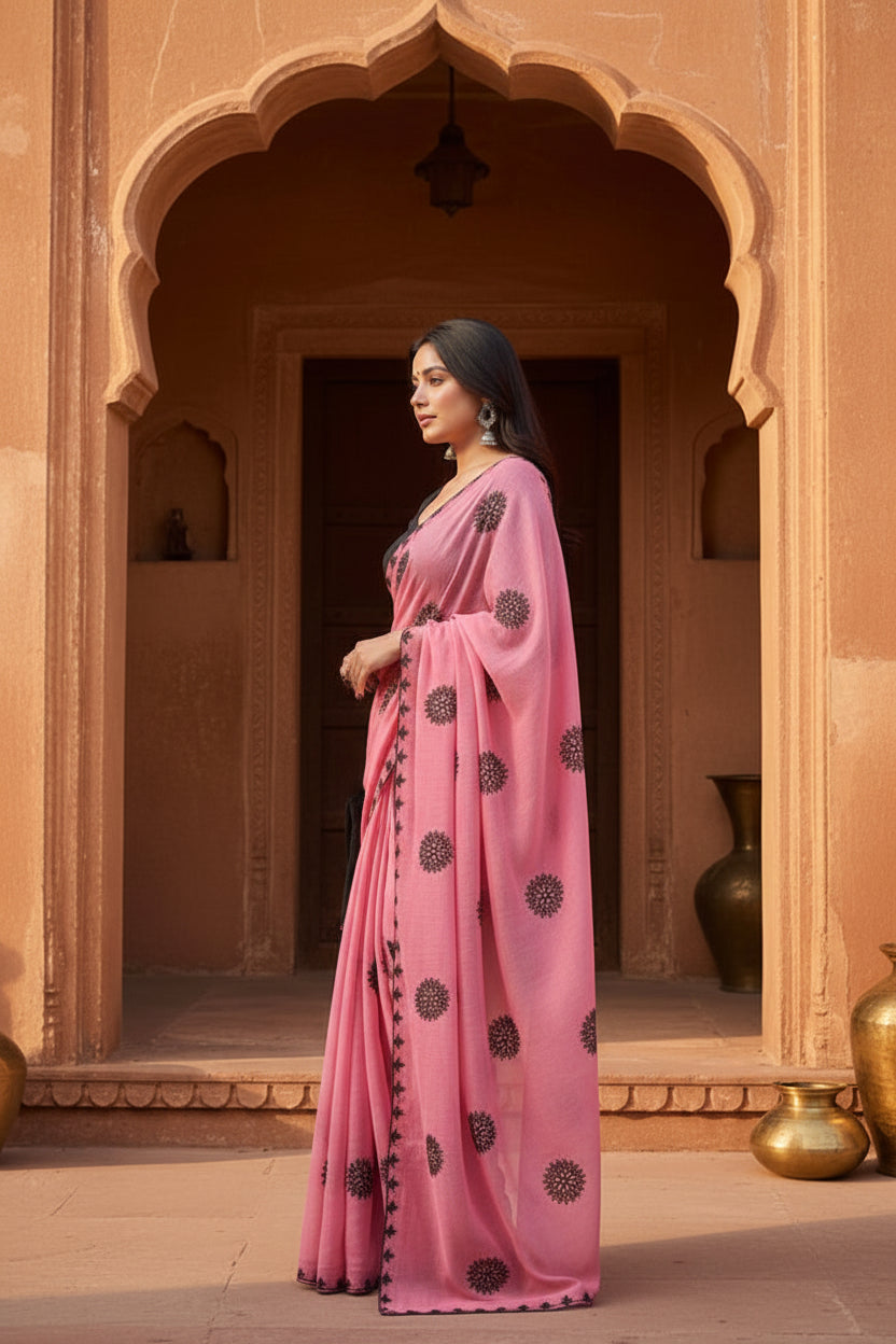 Georgette Printed Saree With Unstitched  Blouse(Light Pink)