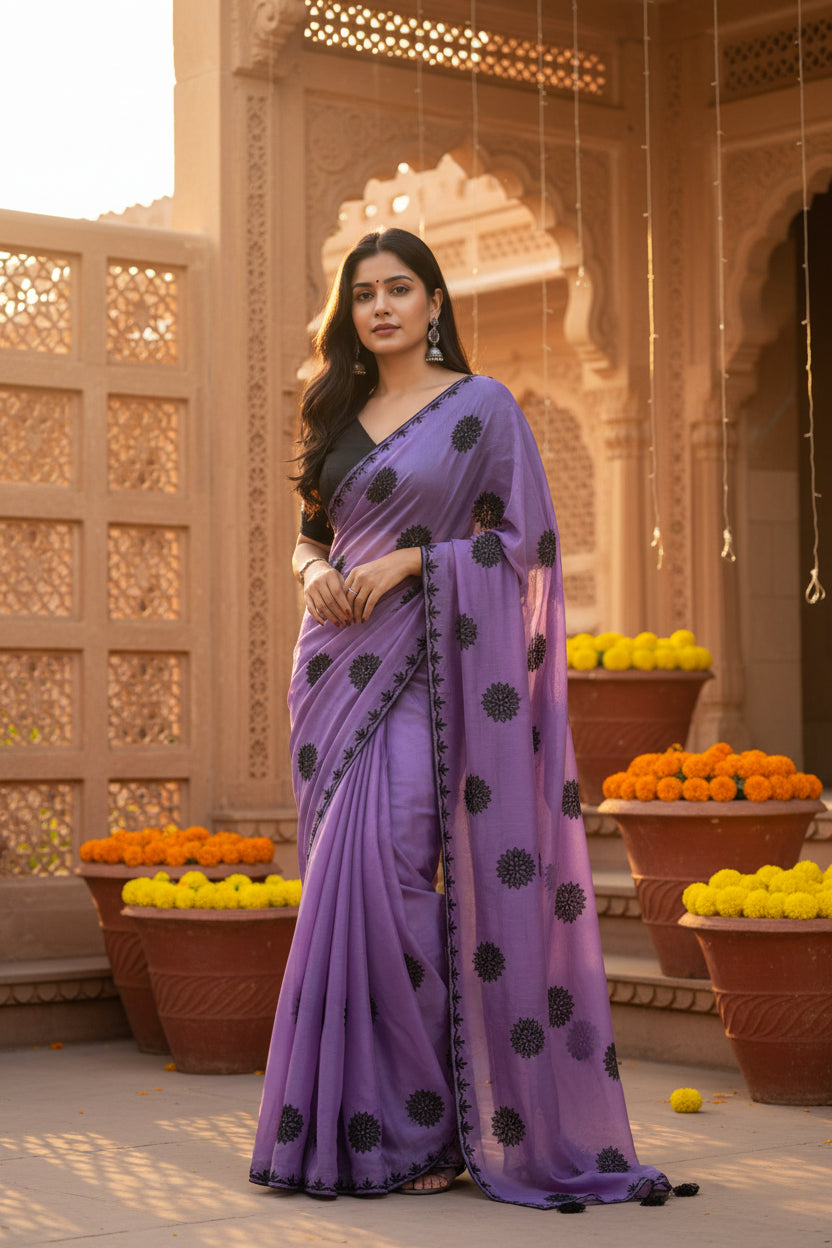 Georgette printed saree  with unstitched blouse(lavender)