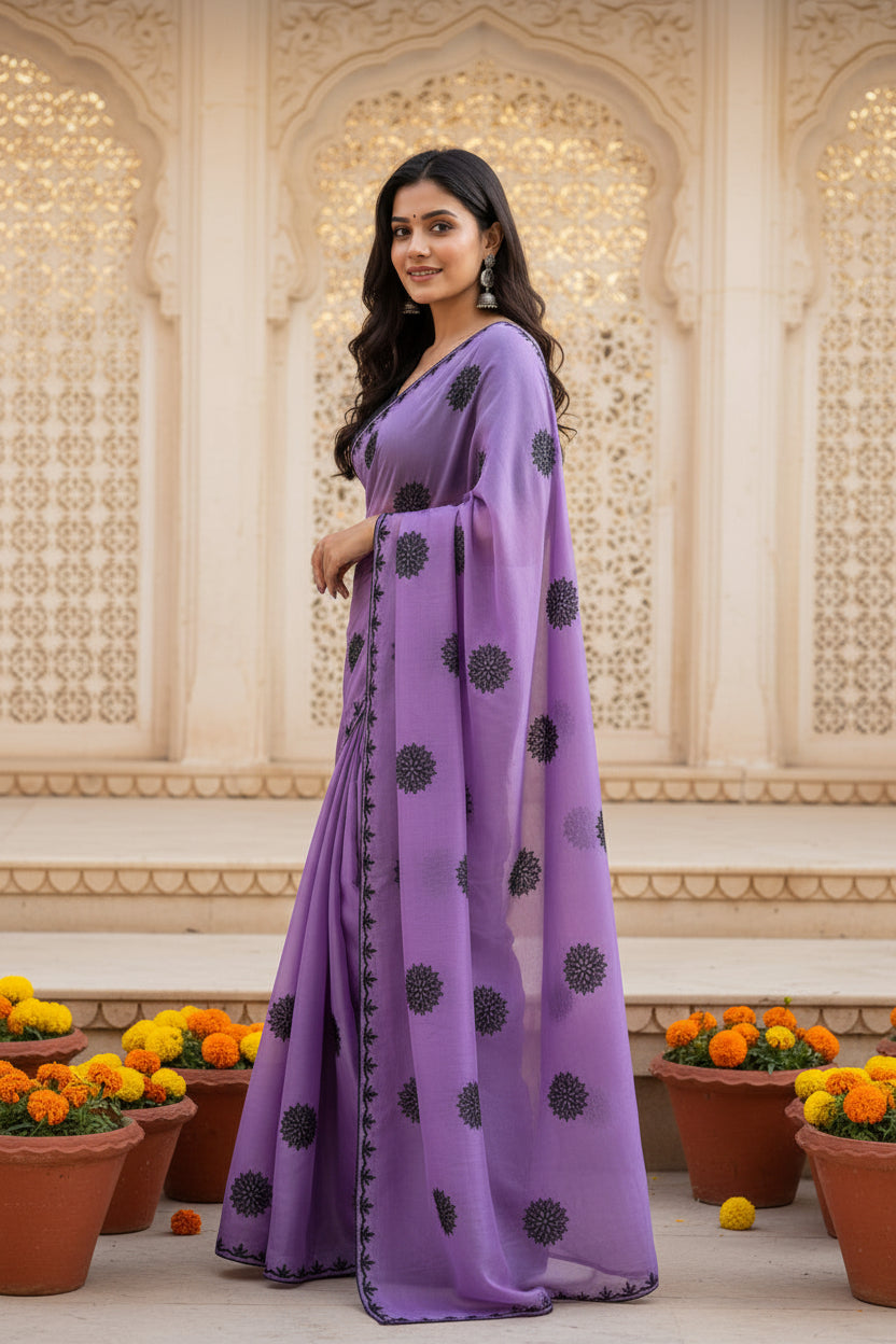 Georgette Printed Saree  With Unstitched Blouse(Lavender)