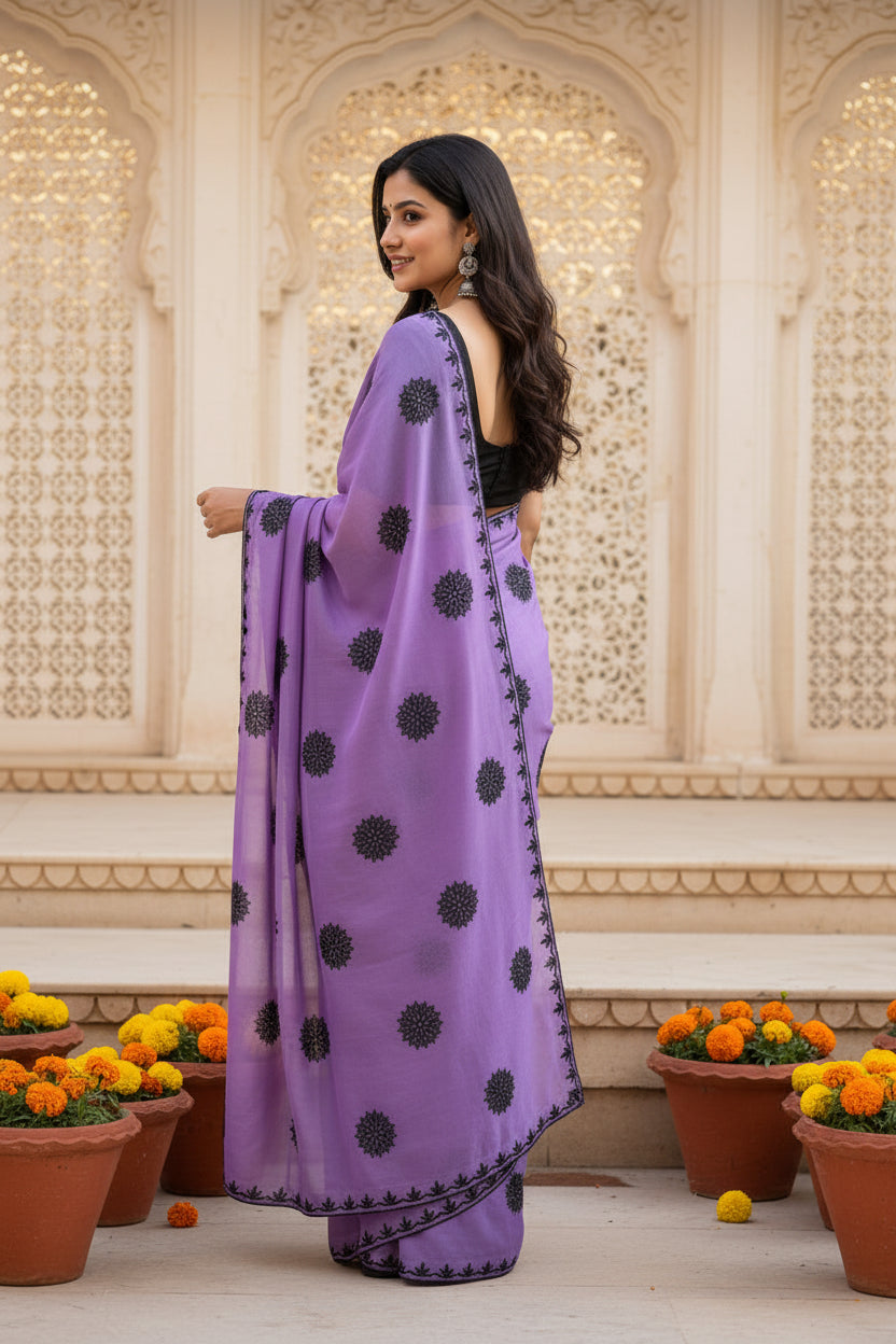 Georgette Printed Saree  With Unstitched Blouse(Lavender)