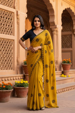 Load image into Gallery viewer, Georgette Printed Saree With Unstitched  Blouse(Mustard)
