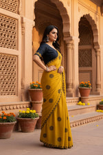 Load image into Gallery viewer, Georgette Printed Saree With Unstitched  Blouse(Mustard)

