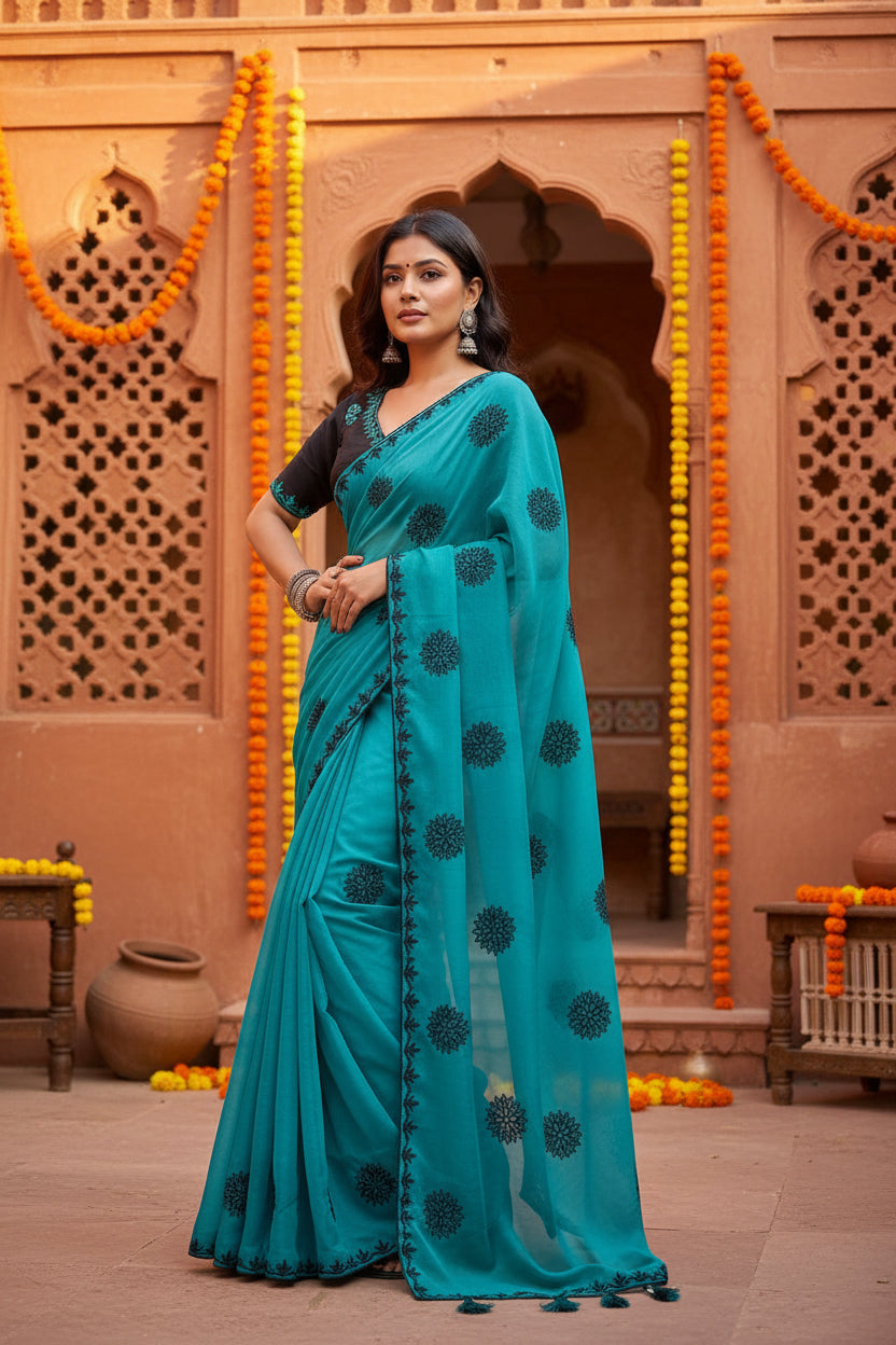 Georgette Printed Saree With Unstitched  Blouse(Blue)