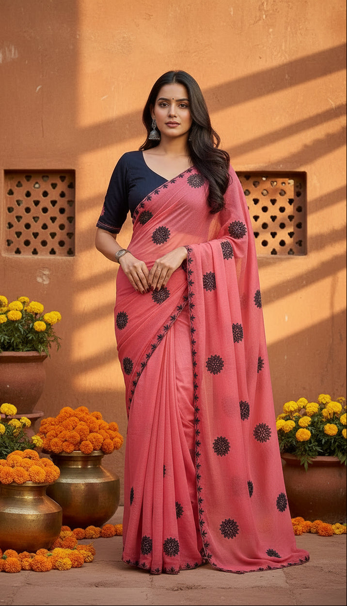 Georgette printed saree  with unstitched blouse(peach)