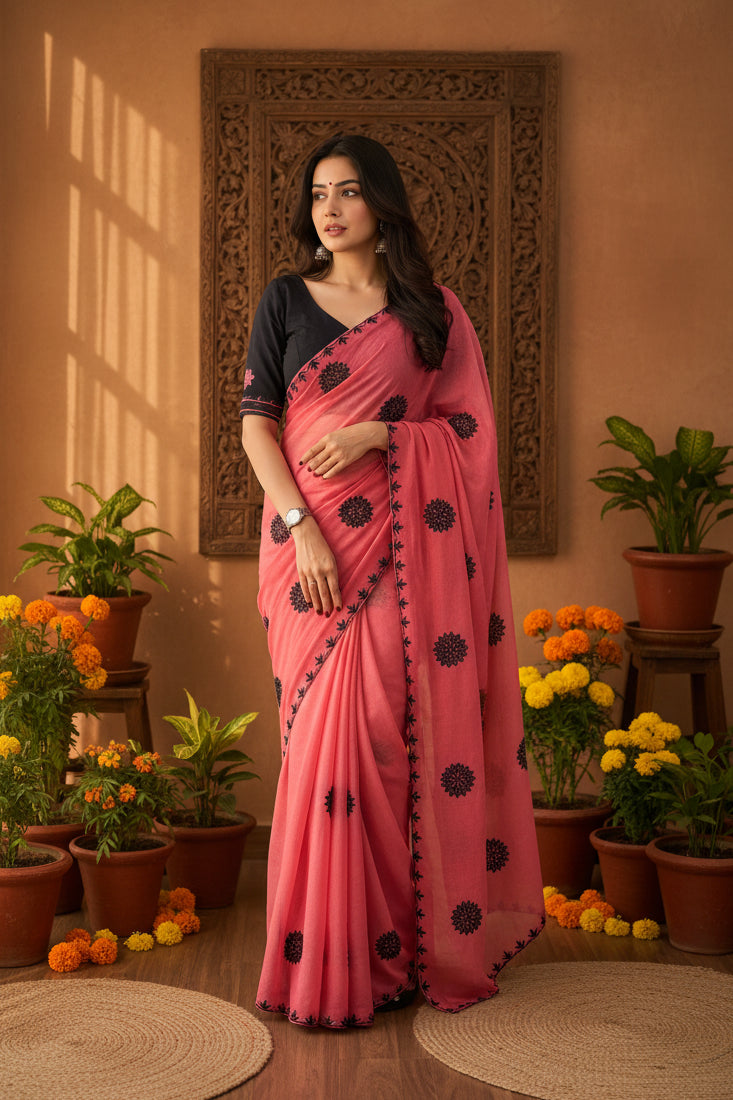 Georgette Printed Saree  With Unstitched Blouse(Peach)