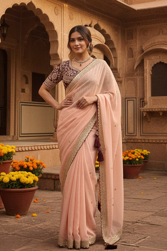 Premium Rangoli Silk Embroidery Work Saree With Unstitched Blouse(Peach)