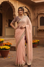 Premium Rangoli Silk Embroidery Work Saree With Unstitched Blouse(Peach)