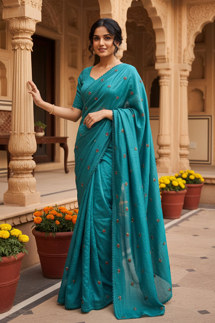 Soft Silk Embroidery Saree With Unstitched Blouse(Blue)