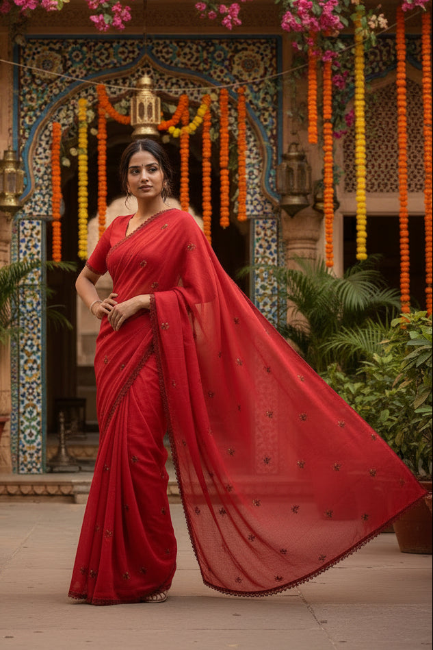 Soft Silk Embroidery Saree With Unstitched Blouse(Red)