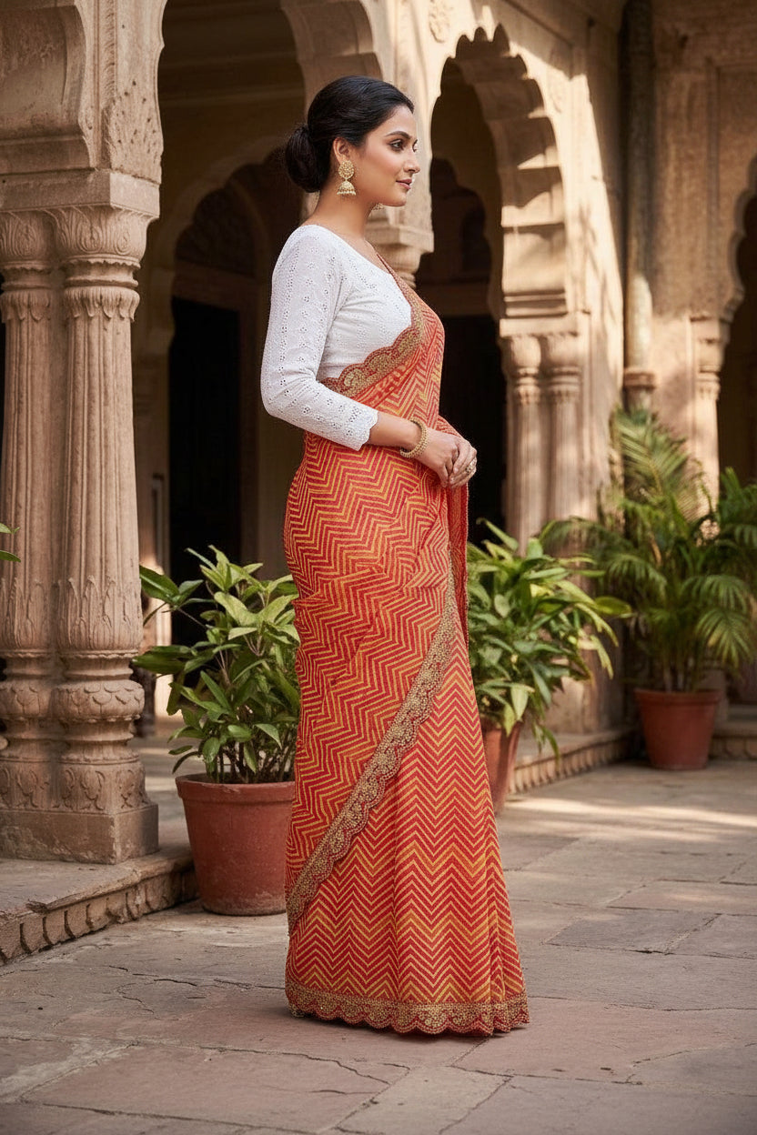Georgette Leheriya printed Saree With Unstitched Blouse(Orange)