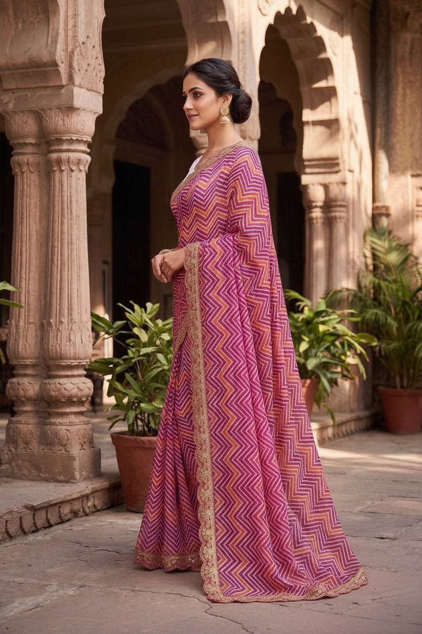 Georgette Leheriya printed Saree With Unstitched Blouse(Pink)