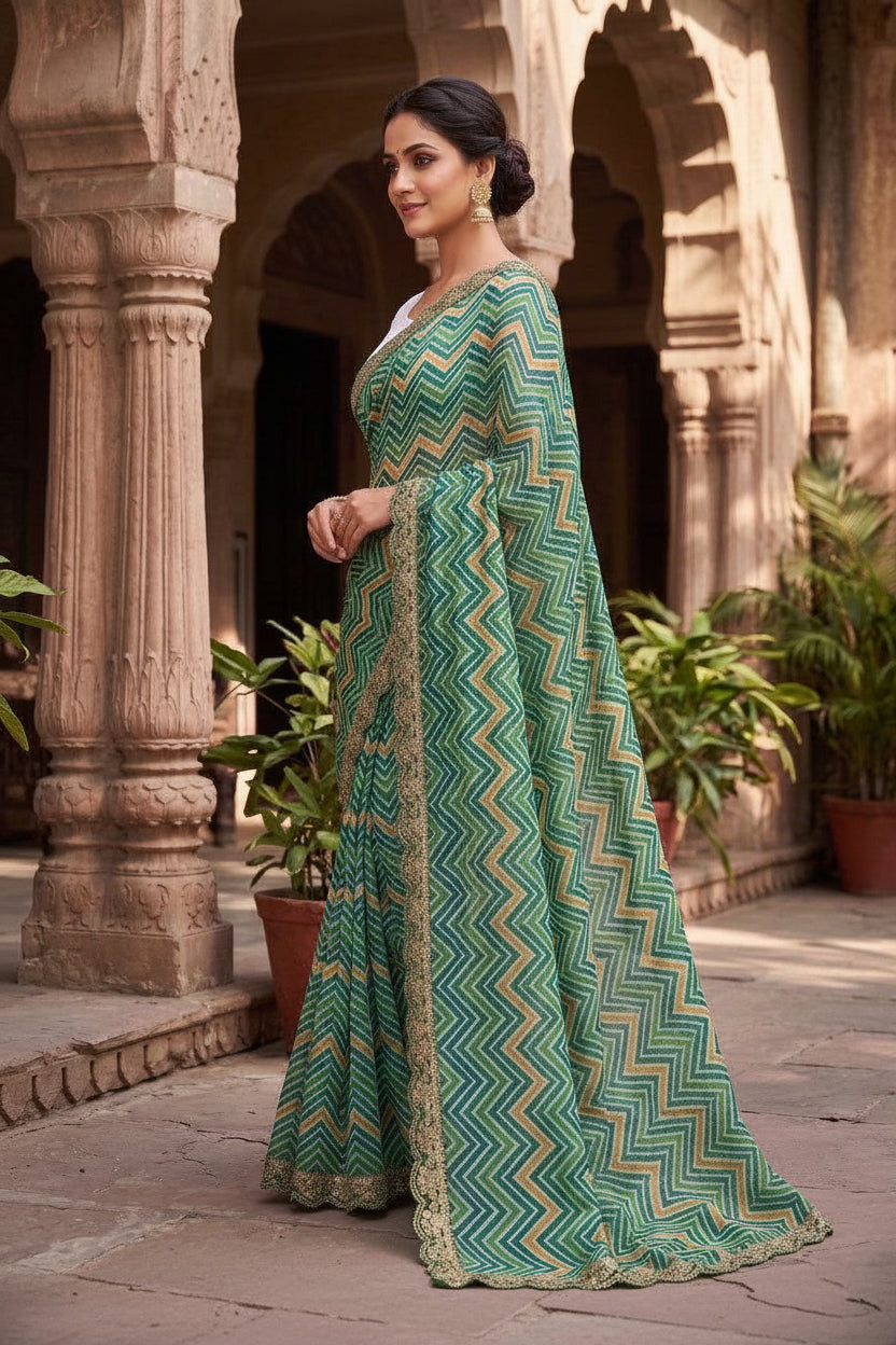 Georgette Leheriya printed Saree With Unstitched Blouse(Green)