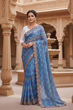 Load image into Gallery viewer, Georgette Leheriya-printed Saree With Unstitched Blouse(Blue)
