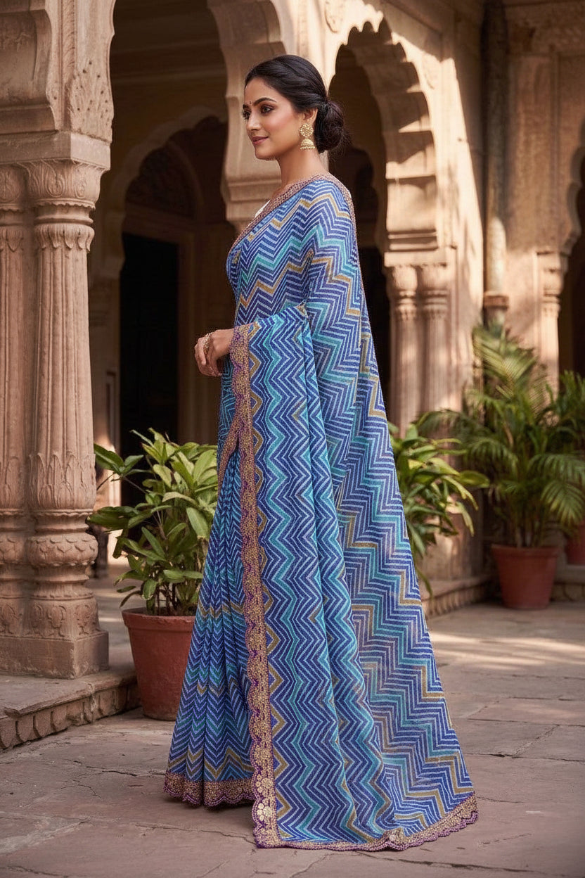 Georgette Leheriya-printed Saree With Unstitched Blouse(Blue)