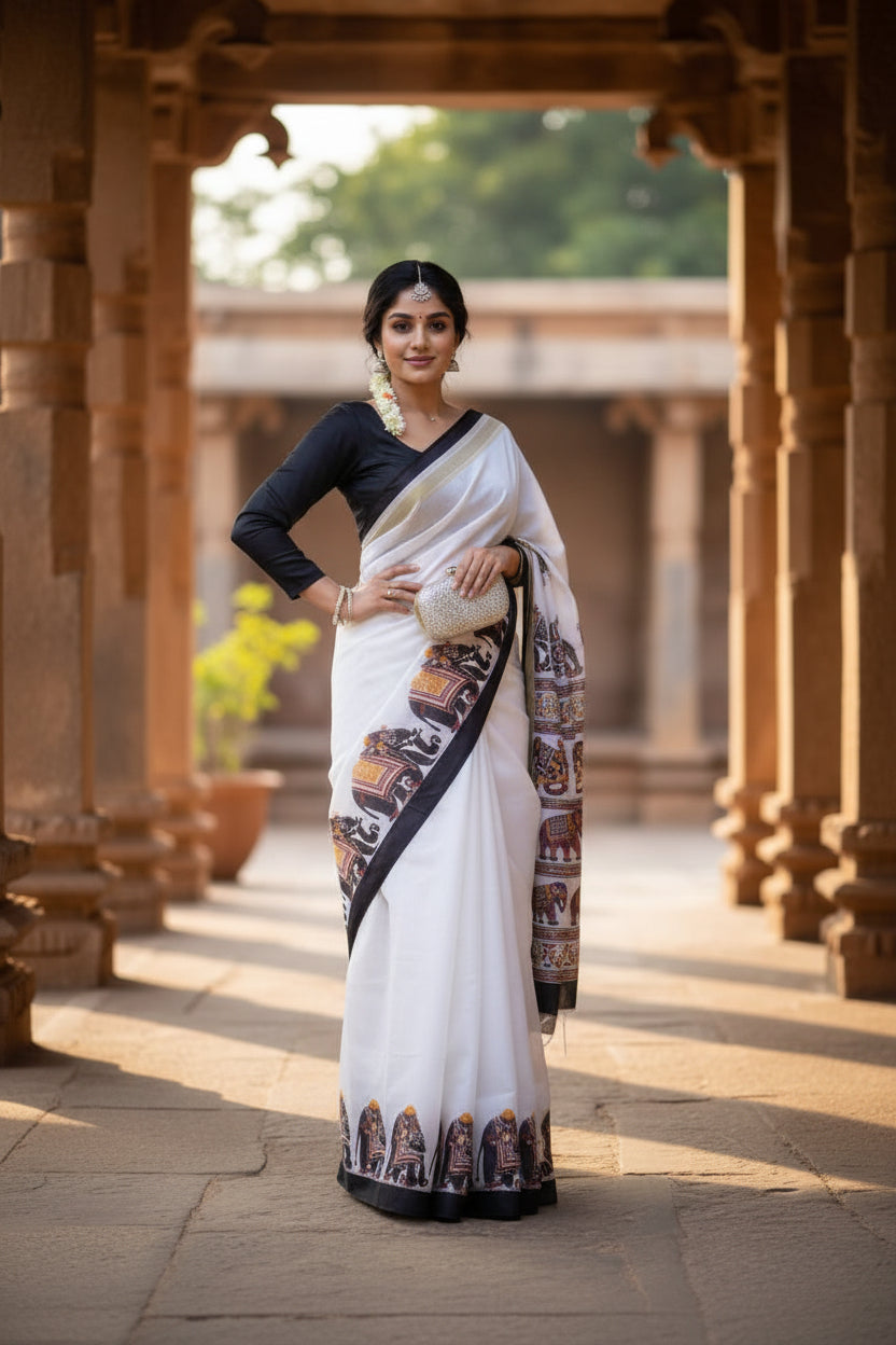 Beautiful Cotton Digital Printed Saree With Unstitched Blouse(White)