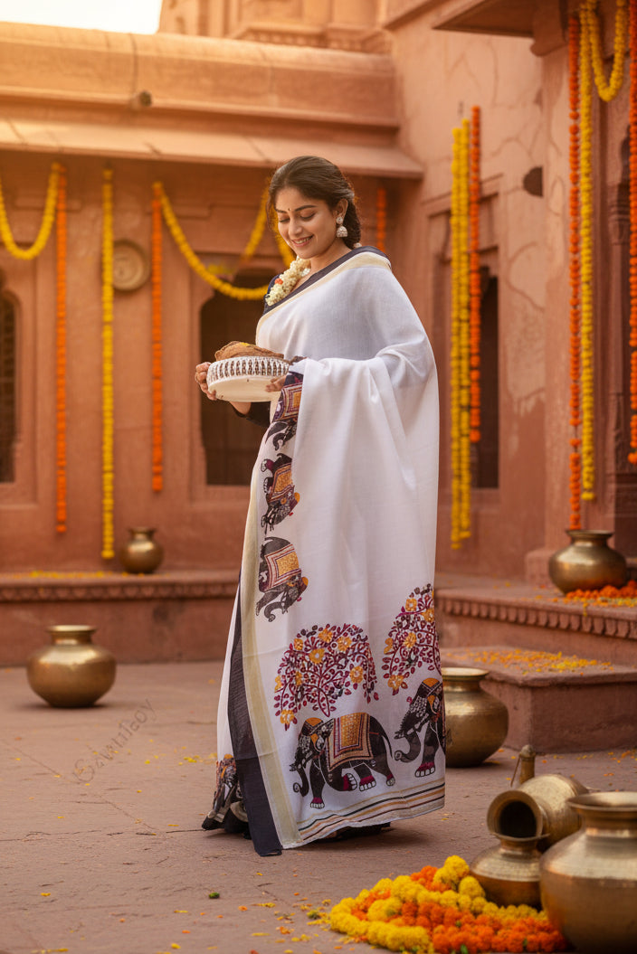 Beautiful cotton digital printed saree with unstitched blouse(white)