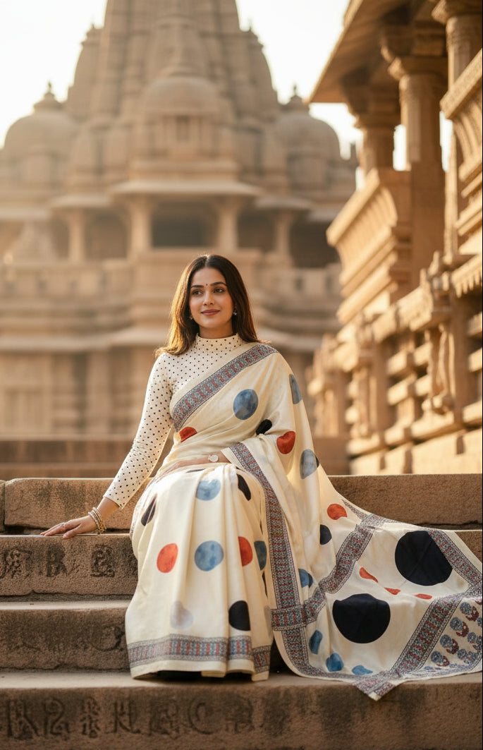 Soft Gajji Silk Ajrakh Printed Saree With Unstitched Blouse(white)